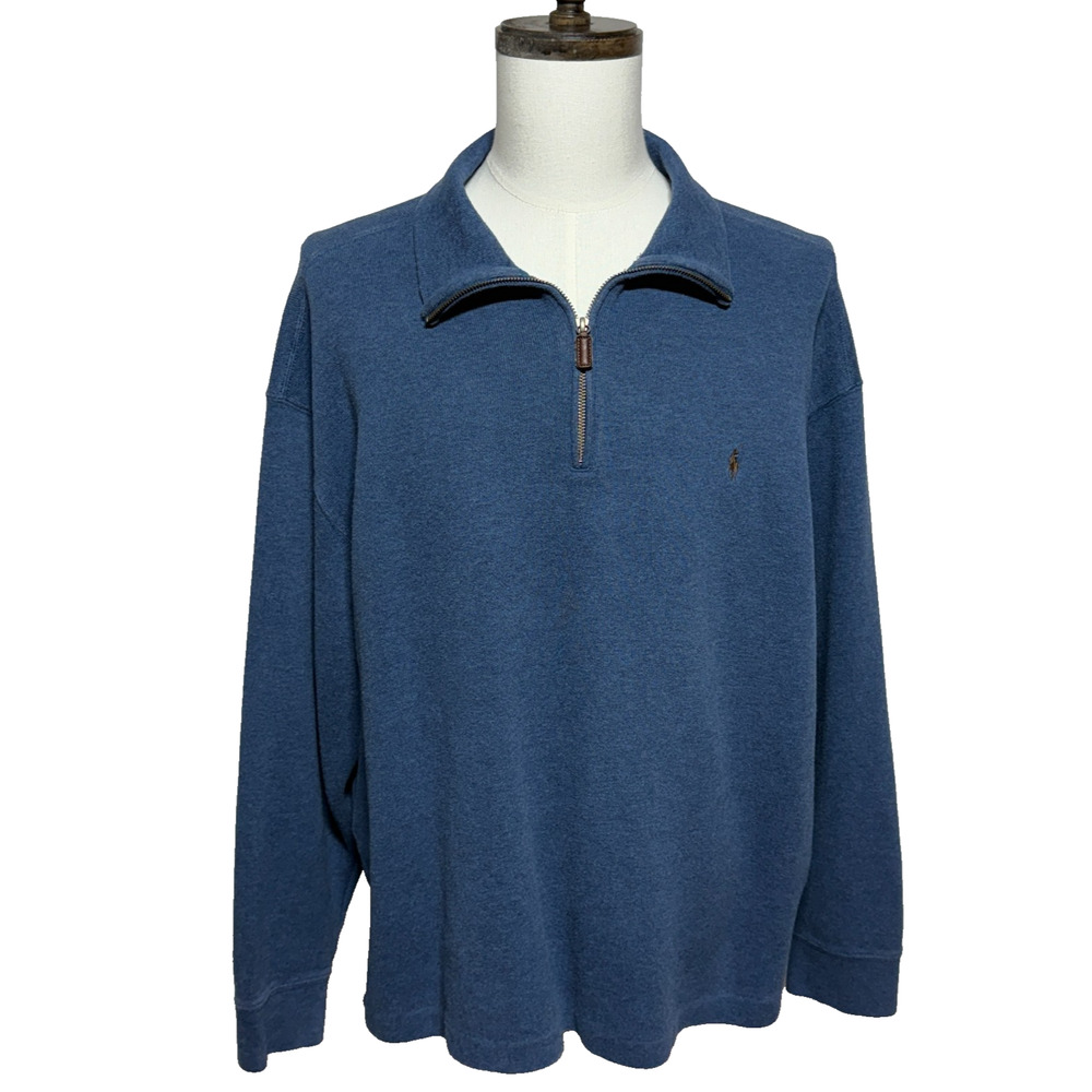 Vintage Polo Ralph Lauren Sweater Mens 2XB Blue 1/4 Zip Pullover Long Sleeve